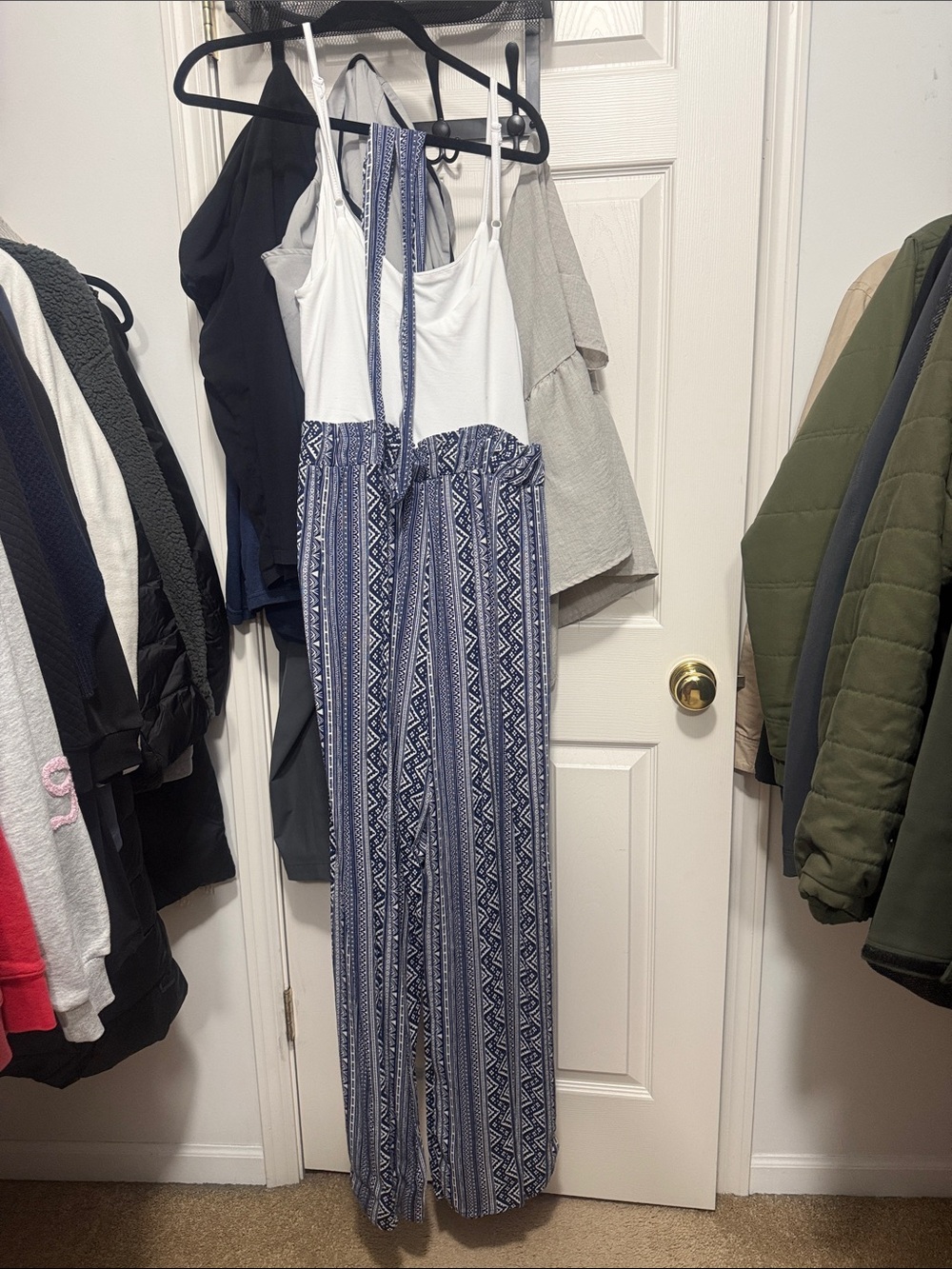 Stella Tweed White Halter Jumpsuit with Blue Geometric Print